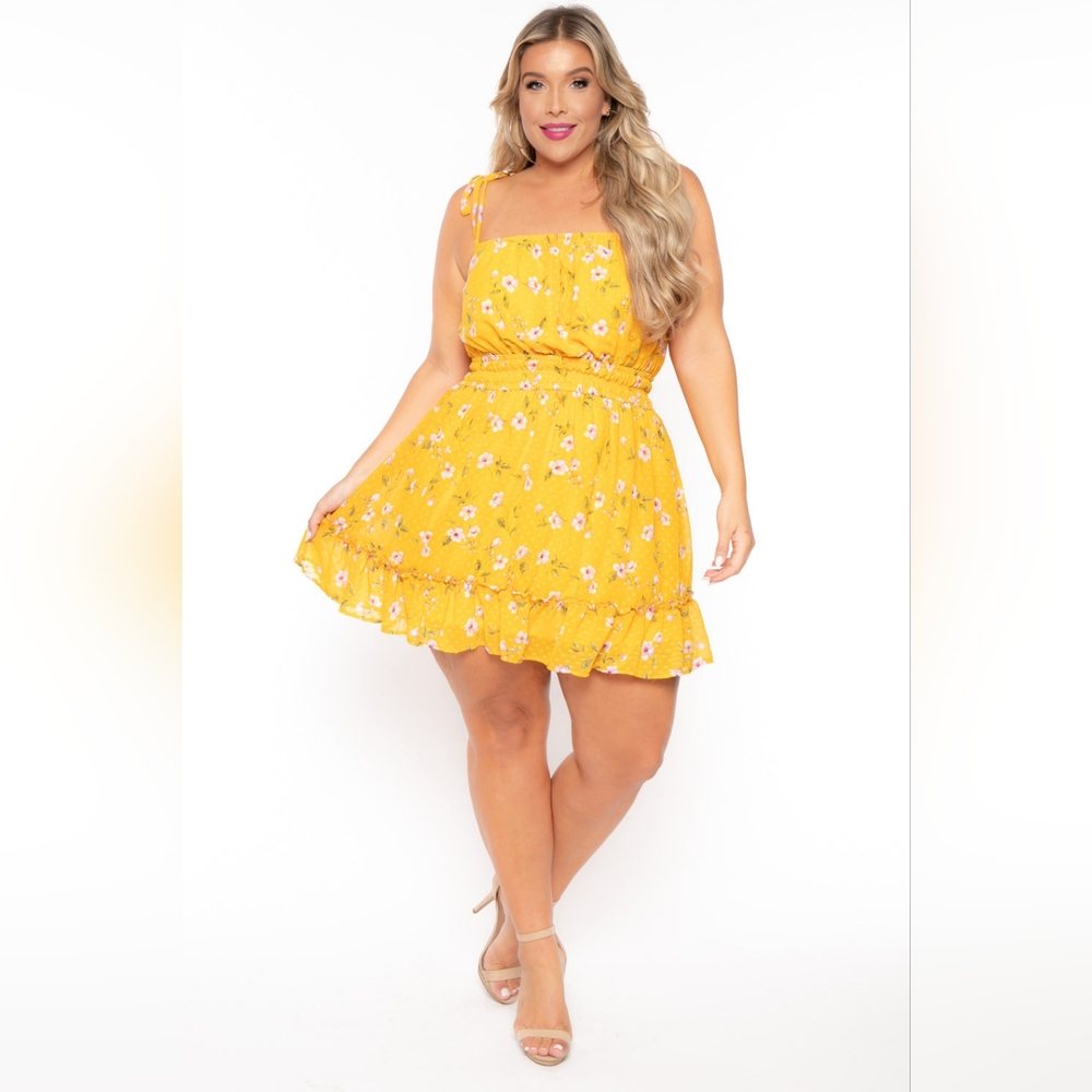 Plus size Cassie floral tie strap dress yellow